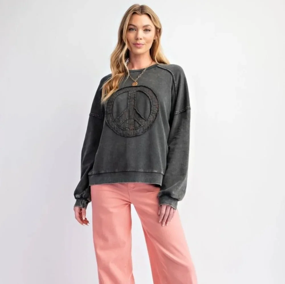 New Easel Black Peace Sign Symbol Washed Terry Pullover Sweatshirt - Picture 2 of 2